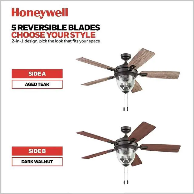 Alt view image 3 of 6 - Ceiling Fans Glencrest, 52 Inch Indoor Outdoor LED Ceiling Fan with Light, Pull Chain, Dual Mounting Options, ETL Damp Rated, Dual Finish Blades, Reversible Motor - 50615-01 (Bronze)