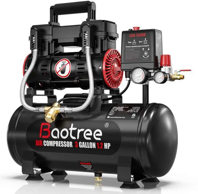 Main image of 3 Gallon Ultra Quiet Air Compressor with Two Quick Couplers, 1.2HP MAX 115PSI Oil-Free Air Compressor Steel Tanks, 70dB Air Compressor with Wheels for Spray Painting, Auto Repair, Woodwork Nailing