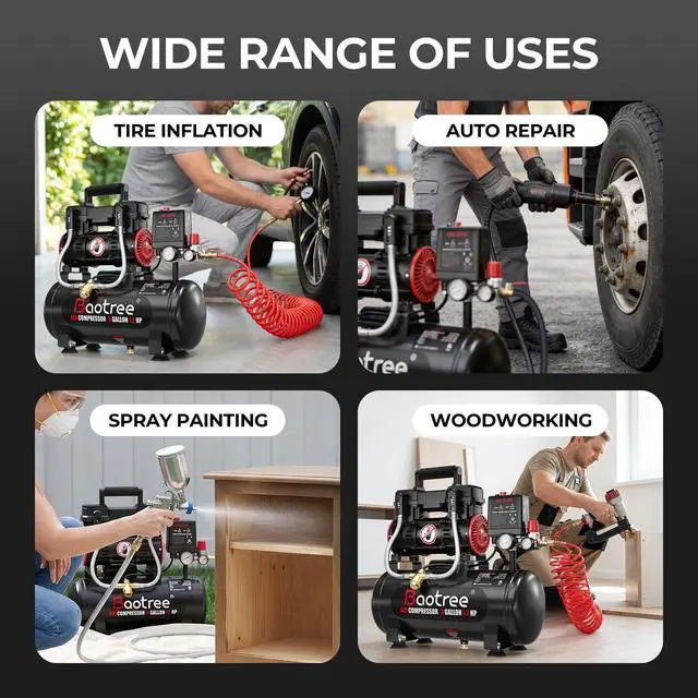 Alt view image 6 of 6 - 3 Gallon Ultra Quiet Air Compressor with Two Quick Couplers, 1.2HP MAX 115PSI Oil-Free Air Compressor Steel Tanks, 70dB Air Compressor with Wheels for Spray Painting, Auto Repair, Woodwork Nailing
