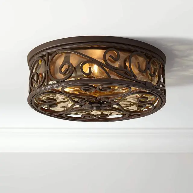 Main image of Casa Seville Rustic Flush-Mount Outdoor Ceiling Light Fixture Dark Walnut Scroll Twist 15" Water Glass Damp Rated Exterior House Porch Patio Outside Deck Garage Front Door Home