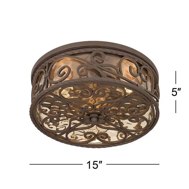 Alt view image 4 of 6 - Casa Seville Rustic Flush-Mount Outdoor Ceiling Light Fixture Dark Walnut Scroll Twist 15" Water Glass Damp Rated Exterior House Porch Patio Outside Deck Garage Front Door Home