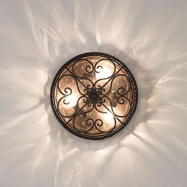 Alt view image 6 of 6 - Casa Seville Rustic Flush-Mount Outdoor Ceiling Light Fixture Dark Walnut Scroll Twist 15" Water Glass Damp Rated Exterior House Porch Patio Outside Deck Garage Front Door Home
