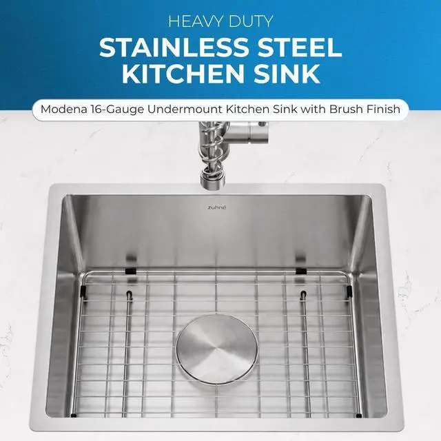Alt view image 2 of 6 - Zuhnë Modena 15 Undermount Kitchen Sink, 16 Gauge T304 18/10 Stainless Steel, Brushed Finish, Sound Guard, Single Bowl 15 x 17 x 10.25 in, R10 Corners, Sloped Bottom