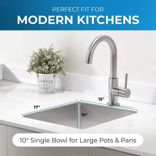 Alt view image 3 of 6 - Zuhnë Modena 15 Undermount Kitchen Sink, 16 Gauge T304 18/10 Stainless Steel, Brushed Finish, Sound Guard, Single Bowl 15 x 17 x 10.25 in, R10 Corners, Sloped Bottom
