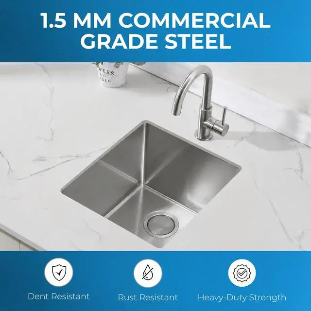 Alt view image 4 of 6 - Zuhnë Modena 15 Undermount Kitchen Sink, 16 Gauge T304 18/10 Stainless Steel, Brushed Finish, Sound Guard, Single Bowl 15 x 17 x 10.25 in, R10 Corners, Sloped Bottom
