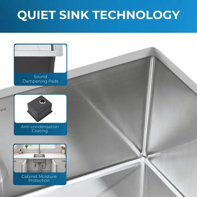 Alt view image 5 of 6 - Zuhnë Modena 15 Undermount Kitchen Sink, 16 Gauge T304 18/10 Stainless Steel, Brushed Finish, Sound Guard, Single Bowl 15 x 17 x 10.25 in, R10 Corners, Sloped Bottom