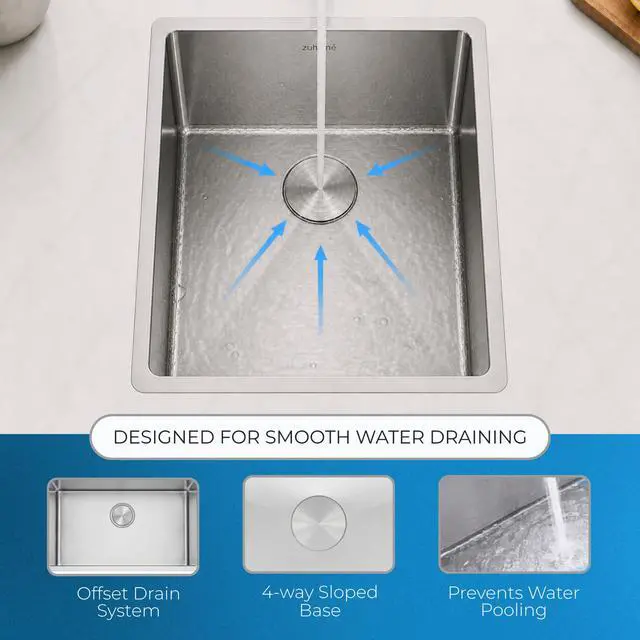 Alt view image 6 of 6 - Zuhnë Modena 15 Undermount Kitchen Sink, 16 Gauge T304 18/10 Stainless Steel, Brushed Finish, Sound Guard, Single Bowl 15 x 17 x 10.25 in, R10 Corners, Sloped Bottom