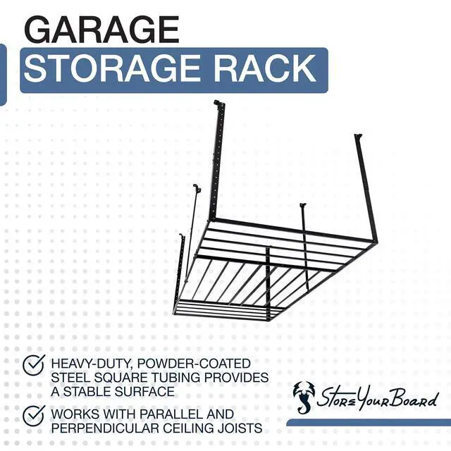 Alt view image 3 of 6 - 4 x 8 Overhead Garage Storage Rack, Ceiling Shelf Overhead Organization, Heavy Duty Steel Platform Holds 700 lbs, 96 in. x 48 in. x 40 in