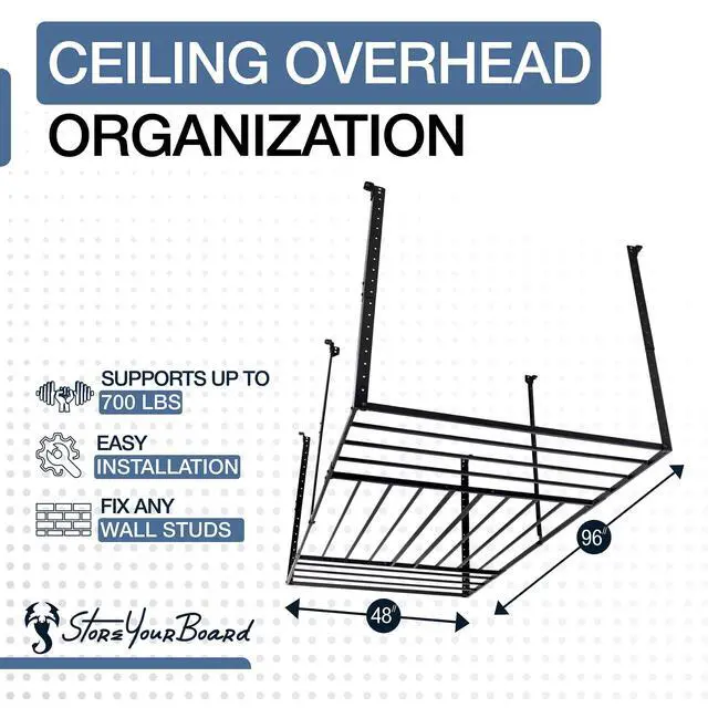 Alt view image 4 of 6 - 4 x 8 Overhead Garage Storage Rack, Ceiling Shelf Overhead Organization, Heavy Duty Steel Platform Holds 700 lbs, 96 in. x 48 in. x 40 in