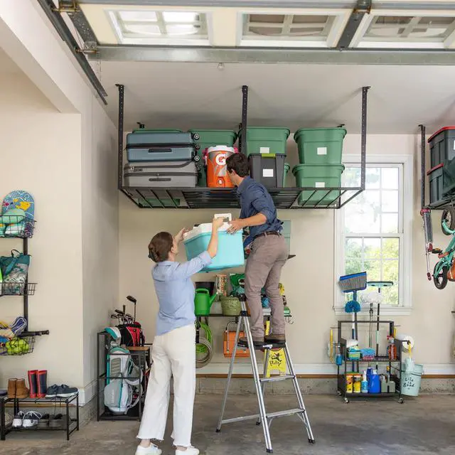 Alt view image 6 of 6 - 4 x 8 Overhead Garage Storage Rack, Ceiling Shelf Overhead Organization, Heavy Duty Steel Platform Holds 700 lbs, 96 in. x 48 in. x 40 in