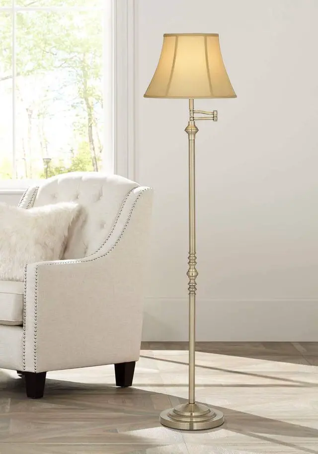 Alt view image 2 of 6 - Montebello Traditional Adjustable Swing Arm Floor Lamp Standing 60" Tall Antique Brass Metal Column Golden Tan Bell Shade for Living Room Reading House Family Bedroom Home
