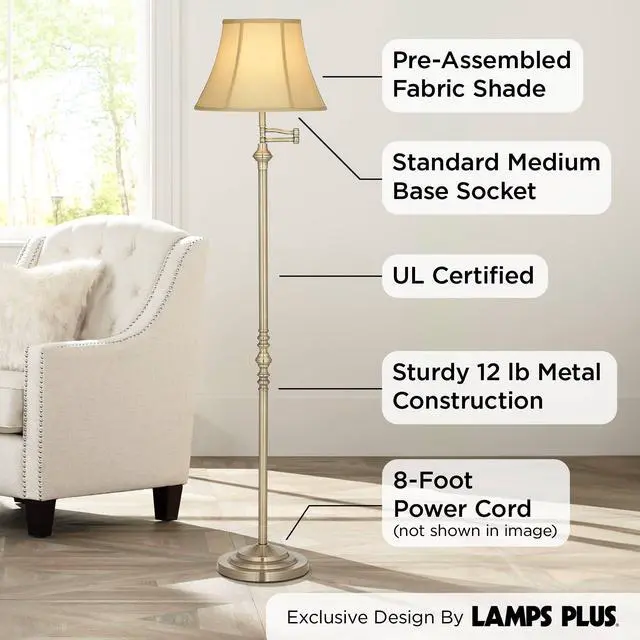 Alt view image 5 of 6 - Montebello Traditional Adjustable Swing Arm Floor Lamp Standing 60" Tall Antique Brass Metal Column Golden Tan Bell Shade for Living Room Reading House Family Bedroom Home