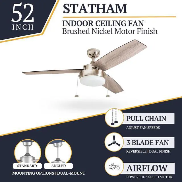 Alt view image 2 of 6 - Statham, 52 Inch Contemporary Indoor LED Ceiling Fan with Light, Pull Chain, Dual Mounting Options, Modern Dual Finish Blades, Reversible Motor - 51018-01 Nickel