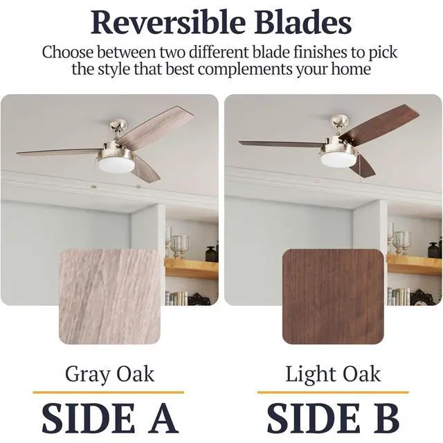 Alt view image 5 of 6 - Statham, 52 Inch Contemporary Indoor LED Ceiling Fan with Light, Pull Chain, Dual Mounting Options, Modern Dual Finish Blades, Reversible Motor - 51018-01 Nickel
