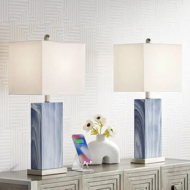 Main image of Connie Modern Table Lamps 25" Tall Set of 2 with USB Charging Ports Blue Faux Marble White Rectangular Shade for Bedroom Living Room House Desk Bedside Nightstand Office Family
