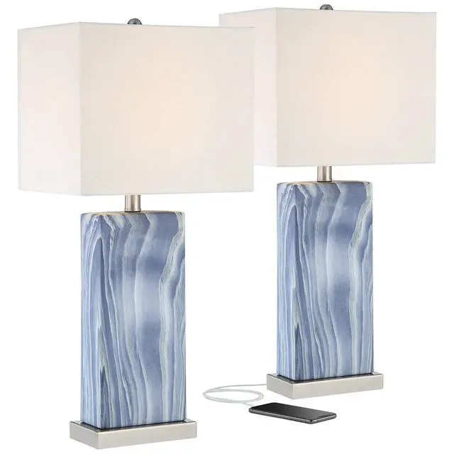 Alt view image 2 of 6 - Connie Modern Table Lamps 25" Tall Set of 2 with USB Charging Ports Blue Faux Marble White Rectangular Shade for Bedroom Living Room House Desk Bedside Nightstand Office Family