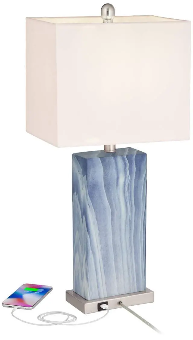 Alt view image 3 of 6 - Connie Modern Table Lamps 25" Tall Set of 2 with USB Charging Ports Blue Faux Marble White Rectangular Shade for Bedroom Living Room House Desk Bedside Nightstand Office Family