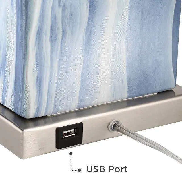 Alt view image 5 of 6 - Connie Modern Table Lamps 25" Tall Set of 2 with USB Charging Ports Blue Faux Marble White Rectangular Shade for Bedroom Living Room House Desk Bedside Nightstand Office Family