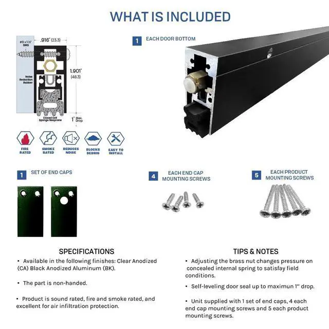 Alt view image 2 of 5 - Fire Rated/Heavy Duty/Surface Automatic Door Bottom with Sponge Neoprene Rubber Extrusion in Black Anodized Aluminum (7163BK), SMS #8 x 1-1/2'' Supplied, (30'' L x 29/32'' W x 1-29/32'' H)