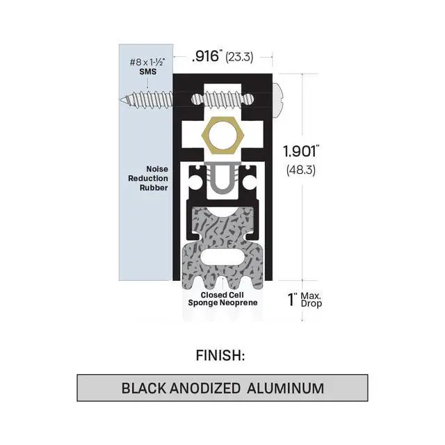 Alt view image 4 of 5 - Fire Rated/Heavy Duty/Surface Automatic Door Bottom with Sponge Neoprene Rubber Extrusion in Black Anodized Aluminum (7163BK), SMS #8 x 1-1/2'' Supplied, (30'' L x 29/32'' W x 1-29/32'' H)
