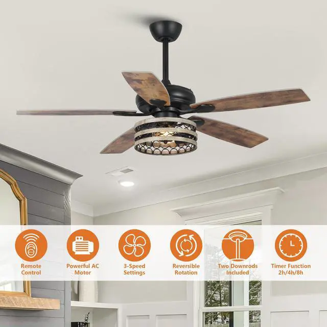 Alt view image 4 of 6 - Ceiling Fans with Lights and Remote, 52 Inch Farmhouse Ceiling Fan with Light for Bedroom Living Room, Black Outdoor Ceiling Fans for Patios Covered, 3 Speeds, Reversible Airflow