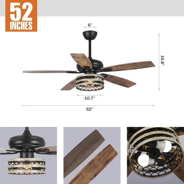 Alt view image 6 of 6 - Ceiling Fans with Lights and Remote, 52 Inch Farmhouse Ceiling Fan with Light for Bedroom Living Room, Black Outdoor Ceiling Fans for Patios Covered, 3 Speeds, Reversible Airflow