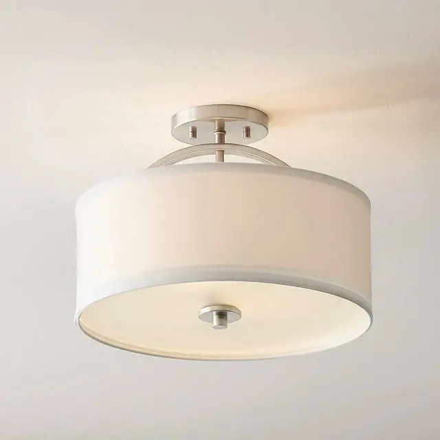 Main image of Halsted Modern Close to Ceiling Light Semi Flush Mount Fixture 15" Wide Brushed Nickel Silver White Linen Drum Shade for Bedroom Hallway Living Room Dining Room Bathroom Kitchen