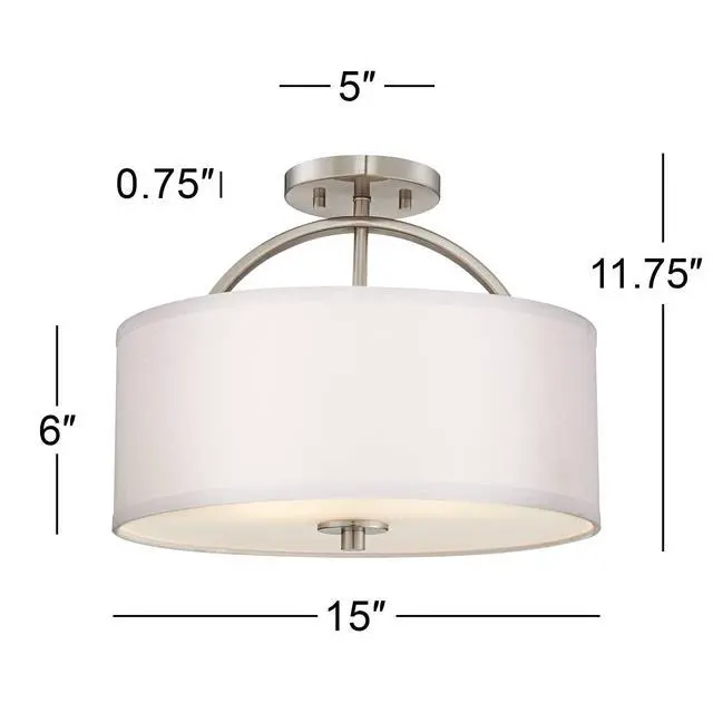 Alt view image 4 of 6 - Halsted Modern Close to Ceiling Light Semi Flush Mount Fixture 15" Wide Brushed Nickel Silver White Linen Drum Shade for Bedroom Hallway Living Room Dining Room Bathroom Kitchen