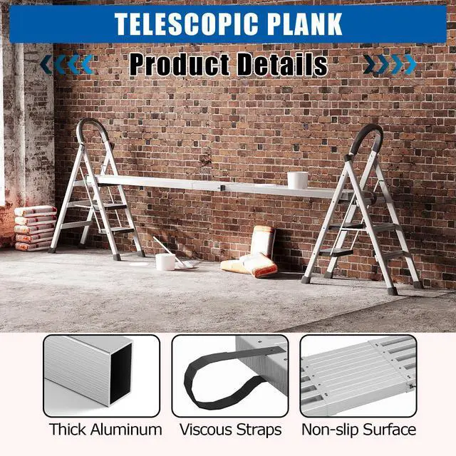Alt view image 3 of 6 - 8-13ft Telescoping Plank, Aluminum Work Plank, 440 Lbs Load Capacity Extension Scaffolding Plank with Skid-Proof Platform Scaffold Ladder Accessory, 12.5 Inch Width, Silver