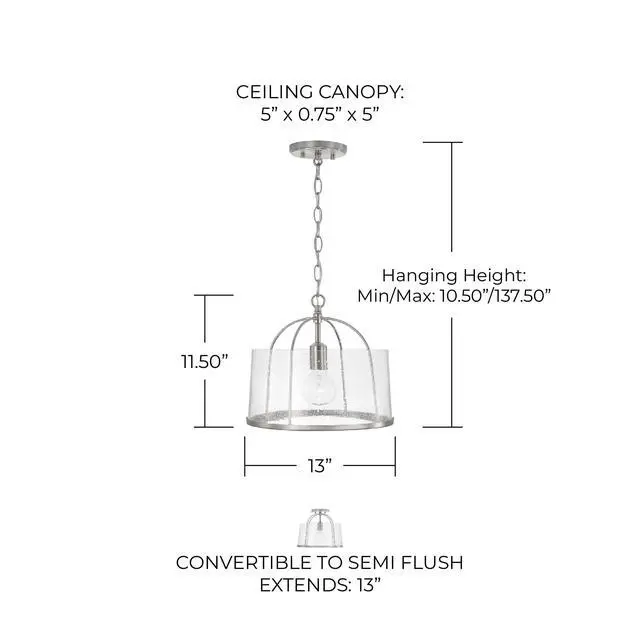 Alt view image 2 of 6 - HomePlace by 247011BN Madison Transitional Clear Seeded Glass Dual Mount Convertible Pendant/Semi-Flush Ceiling Light, 1-Light 100 Watt, 12" H x 13" W, Brushed/Satin Nickel
