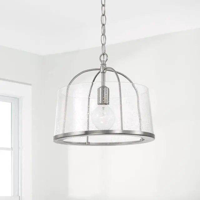 Alt view image 4 of 6 - HomePlace by 247011BN Madison Transitional Clear Seeded Glass Dual Mount Convertible Pendant/Semi-Flush Ceiling Light, 1-Light 100 Watt, 12" H x 13" W, Brushed/Satin Nickel