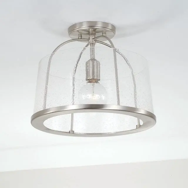 Alt view image 5 of 6 - HomePlace by 247011BN Madison Transitional Clear Seeded Glass Dual Mount Convertible Pendant/Semi-Flush Ceiling Light, 1-Light 100 Watt, 12" H x 13" W, Brushed/Satin Nickel