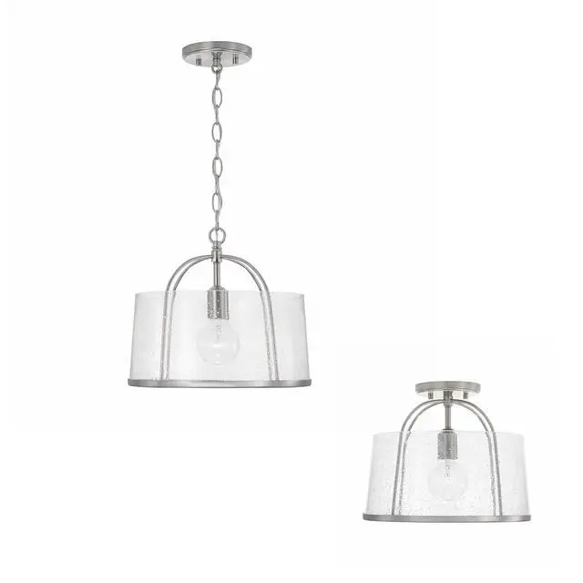 Alt view image 6 of 6 - HomePlace by 247011BN Madison Transitional Clear Seeded Glass Dual Mount Convertible Pendant/Semi-Flush Ceiling Light, 1-Light 100 Watt, 12" H x 13" W, Brushed/Satin Nickel