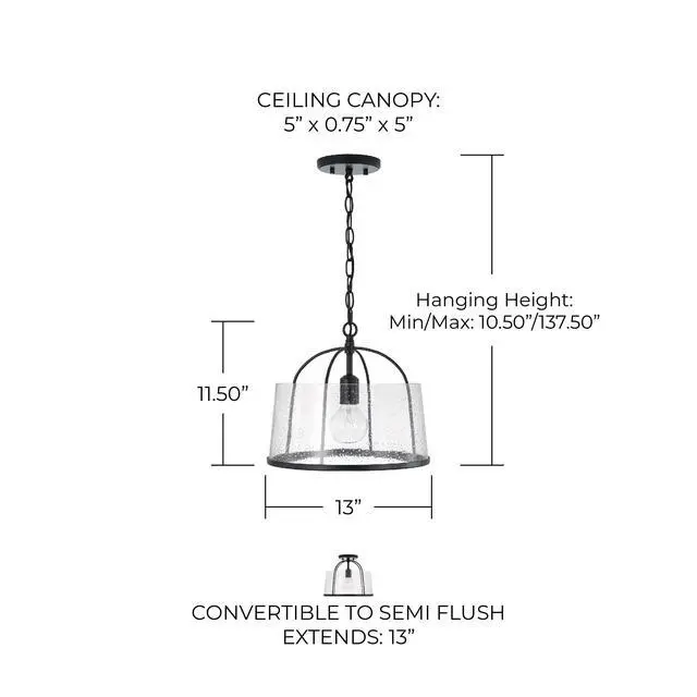 Alt view image 2 of 6 - HomePlace by 247011MB Madison Transitional Clear Seeded Glass Dual Mount Convertible Pendant/Semi-Flush Ceiling Light, 1-Light 100 Watt, 12" H x 13" W, Black
