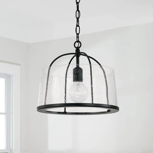 Alt view image 5 of 6 - HomePlace by 247011MB Madison Transitional Clear Seeded Glass Dual Mount Convertible Pendant/Semi-Flush Ceiling Light, 1-Light 100 Watt, 12" H x 13" W, Black