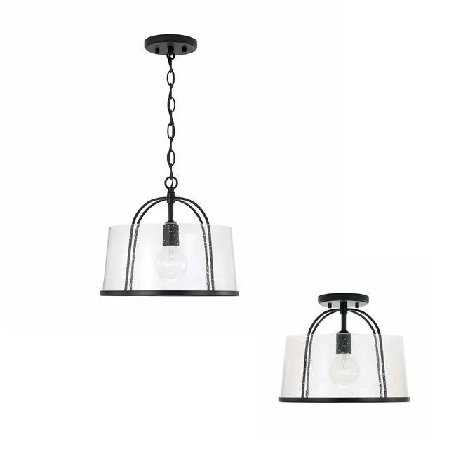Alt view image 6 of 6 - HomePlace by 247011MB Madison Transitional Clear Seeded Glass Dual Mount Convertible Pendant/Semi-Flush Ceiling Light, 1-Light 100 Watt, 12" H x 13" W, Black