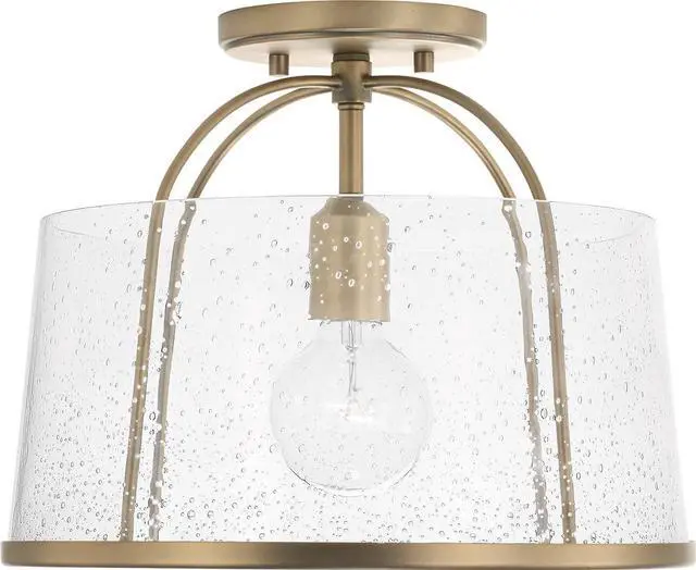 Main image of HomePlace Lighting 247011AD Madison Transitional Clear Seeded Glass Dual Mount Convertible Pendant/Semi-Flush Ceiling Light, 1-Light 100 Watt, 12" H x 13" W, Brass