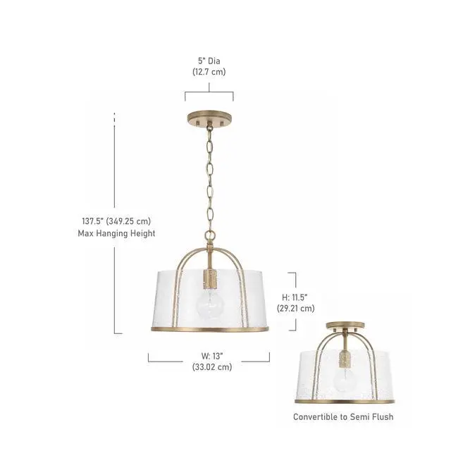 Alt view image 2 of 6 - HomePlace Lighting 247011AD Madison Transitional Clear Seeded Glass Dual Mount Convertible Pendant/Semi-Flush Ceiling Light, 1-Light 100 Watt, 12" H x 13" W, Brass