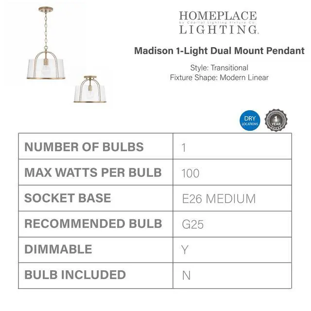 Alt view image 3 of 6 - HomePlace Lighting 247011AD Madison Transitional Clear Seeded Glass Dual Mount Convertible Pendant/Semi-Flush Ceiling Light, 1-Light 100 Watt, 12" H x 13" W, Brass