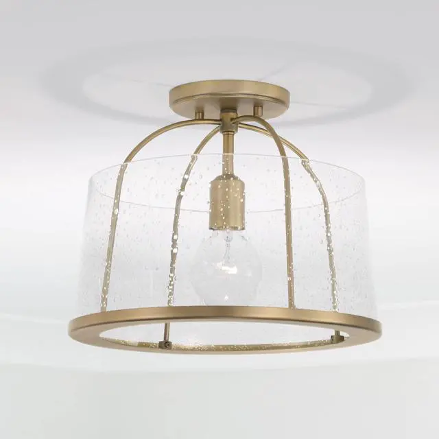 Alt view image 5 of 6 - HomePlace Lighting 247011AD Madison Transitional Clear Seeded Glass Dual Mount Convertible Pendant/Semi-Flush Ceiling Light, 1-Light 100 Watt, 12" H x 13" W, Brass