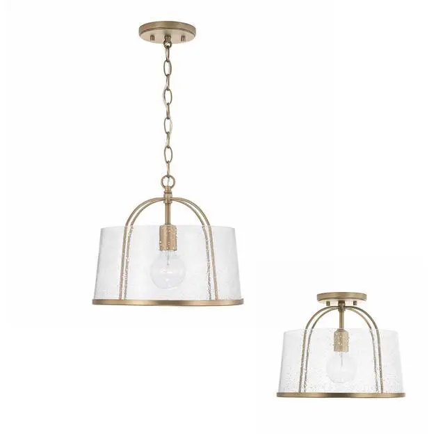 Alt view image 6 of 6 - HomePlace Lighting 247011AD Madison Transitional Clear Seeded Glass Dual Mount Convertible Pendant/Semi-Flush Ceiling Light, 1-Light 100 Watt, 12" H x 13" W, Brass
