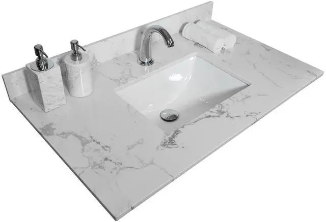 Main image of 31 Inch Bathroom Vanity Top Stone, Carrara White Engineered Marble Stone Vanity Sink Top with Undermount Ceramic Sink and Back Splash with Single Hole for Bathrom Cabinet (31"x22"(Single Hole))