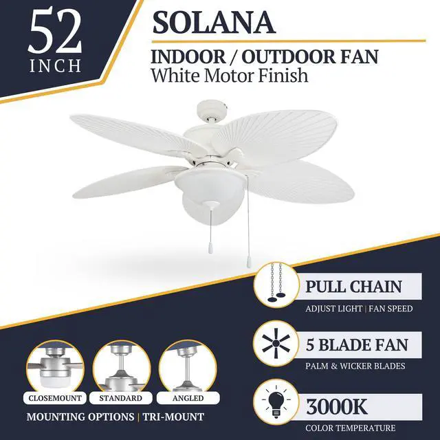 Alt view image 3 of 6 - Solana Tropical 52 Inch Indoor Outdoor Ceiling Fan with Glass Bowl Light Kit, Pull Chain, 5 Leaf Blades with Reversible Motor, White