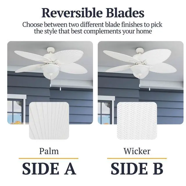 Alt view image 5 of 6 - Solana Tropical 52 Inch Indoor Outdoor Ceiling Fan with Glass Bowl Light Kit, Pull Chain, 5 Leaf Blades with Reversible Motor, White