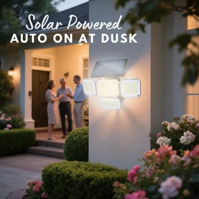 Alt view image 2 of 6 - Solar Outdoor Lights with Motion Sensor,Solar Powered 4 Heads Security Lights,333 LED Flood Light 270° Wide Angle Flood Wall Lights with 3 Modes for Garden Patio Yard,IP65 Waterproof (4)