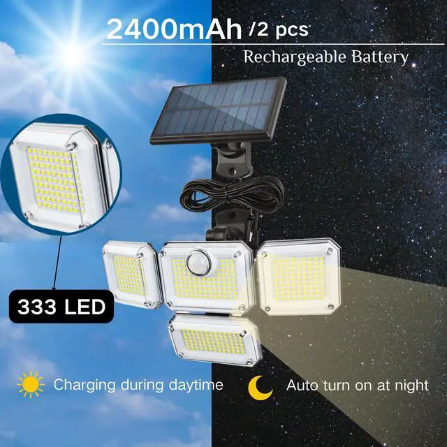 Alt view image 3 of 6 - Solar Outdoor Lights with Motion Sensor,Solar Powered 4 Heads Security Lights,333 LED Flood Light 270° Wide Angle Flood Wall Lights with 3 Modes for Garden Patio Yard,IP65 Waterproof (4)