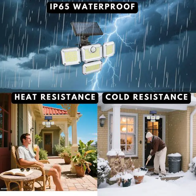Alt view image 5 of 6 - Solar Outdoor Lights with Motion Sensor,Solar Powered 4 Heads Security Lights,333 LED Flood Light 270° Wide Angle Flood Wall Lights with 3 Modes for Garden Patio Yard,IP65 Waterproof (4)