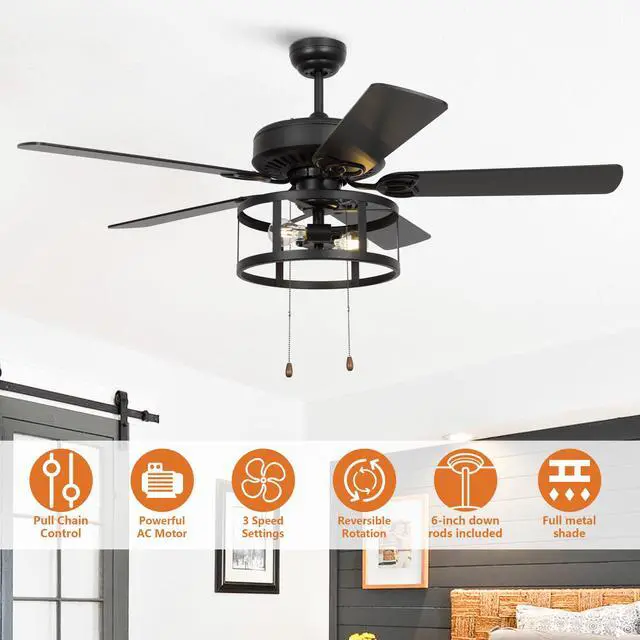 Alt view image 3 of 6 - 52 Inch Ceiling Fans with Lights, Farmhouse Black Ceiling Fan for Bedroom Living Room, Rustic Outdoor Ceiling Fans for Patios, Pull Chain Control, 3 Speeds, Reversible Airflow, ETL