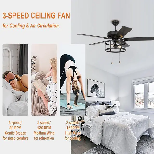 Alt view image 4 of 6 - 52 Inch Ceiling Fans with Lights, Farmhouse Black Ceiling Fan for Bedroom Living Room, Rustic Outdoor Ceiling Fans for Patios, Pull Chain Control, 3 Speeds, Reversible Airflow, ETL