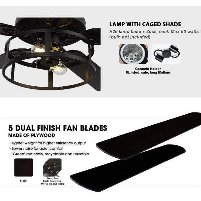 Alt view image 5 of 6 - 52 Inch Ceiling Fans with Lights, Farmhouse Black Ceiling Fan for Bedroom Living Room, Rustic Outdoor Ceiling Fans for Patios, Pull Chain Control, 3 Speeds, Reversible Airflow, ETL